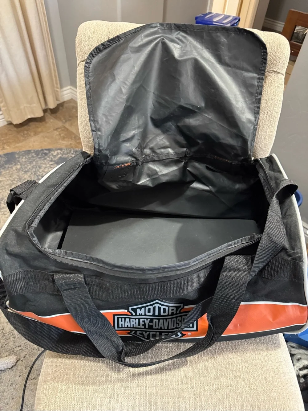 Harley-Davidson Black and Orange Duffel with Logo 21” X 12”